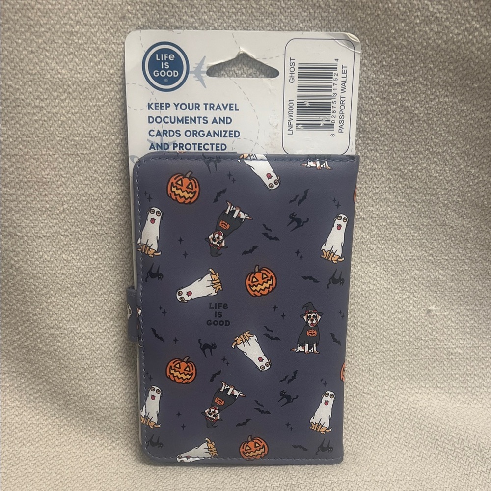 Life Is Good Ghost and Pumpkin Passport Wallet - Gray and Orange-Halloween Trave - Picture 2 of 5
